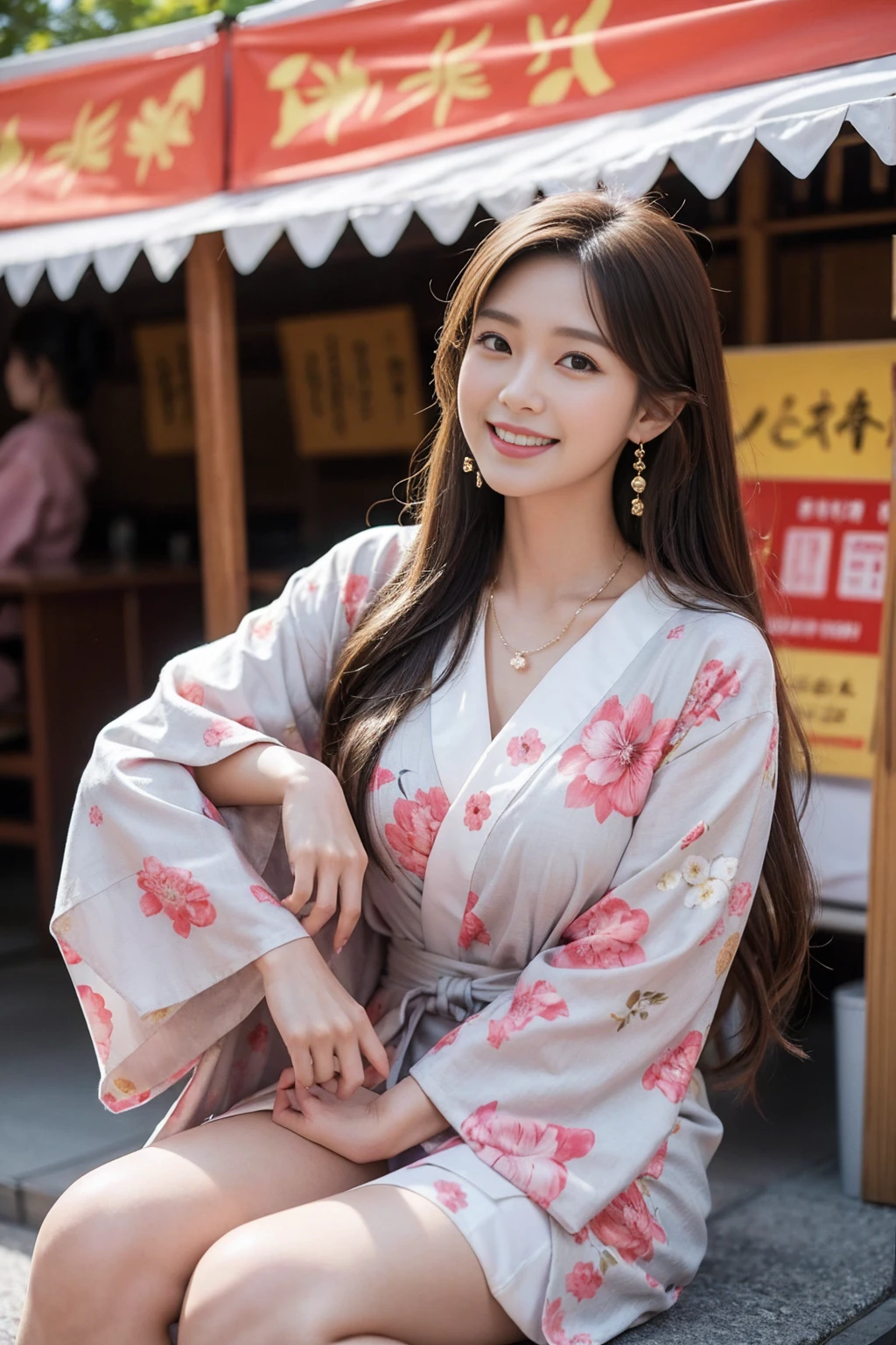 Highest quality,8K, Detailed facial depiction, Detailed description of the eyes,One Woman, Light brown hair(Medium-long hair),Beautiful Japanese Girl,24-years-old,Cute eyes,Cute Smile,Yukata beauty,Black floral yukata,Slender body, Large, plump breast size, Long and beautiful legs,Smiling, Colorful earrings,necklace,Are standing,Beautiful nape,Summer festival,There are food stalls