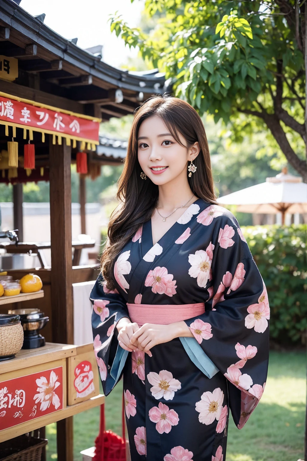 Highest quality,8K, Detailed facial depiction, Detailed description of the eyes,One Woman, Light brown hair(Medium-long hair),Beautiful Japanese Girl,24-years-old,Cute eyes,Cute Smile,Yukata beauty,Black floral yukata,Slender body, Large, plump breast size, Long and beautiful legs,Smiling, Colorful earrings,necklace,Are standing,Beautiful nape,Summer festival,There are food stalls