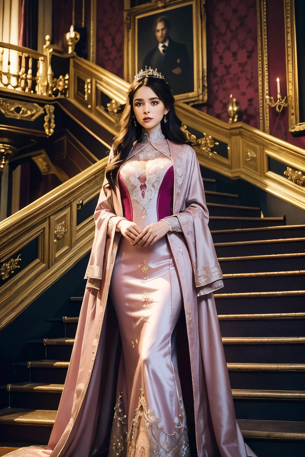 A woman in a pink gown and a crown standing on a staircase - SeaArt AI