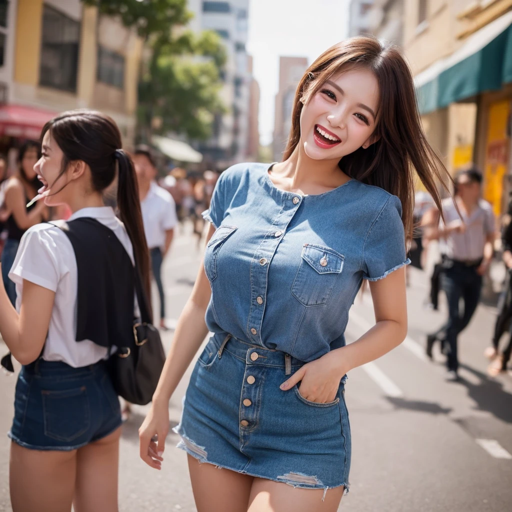 (1. The Ultimate Beauty)、Ultra-detailed cute faces、Detailed lips、Detailed eyes、double eyelid、Branded hair, A perfectly sized blouse and a miniskirt、Dancing like crazy in the streets、Big Breasts, ((Laughing with your mouth open))、(Glamorous Body)、(Big ample breasts)、(Cowboy Shot)、(I'm sweating a lot), Perfect hands, Perfect Fingers, Perfect breasts, Exactly, Perfect body, Perfect Face, ((Depth of written boundary))、Perfect Image Realism, background:((Tokyo Shibuya Street))、綿密なbackground, Detailed costume, Perfect lighting、Hyperrealism、Photorealistic、Maximum resolution 8K, (masterpiece), Very detailed, Professional