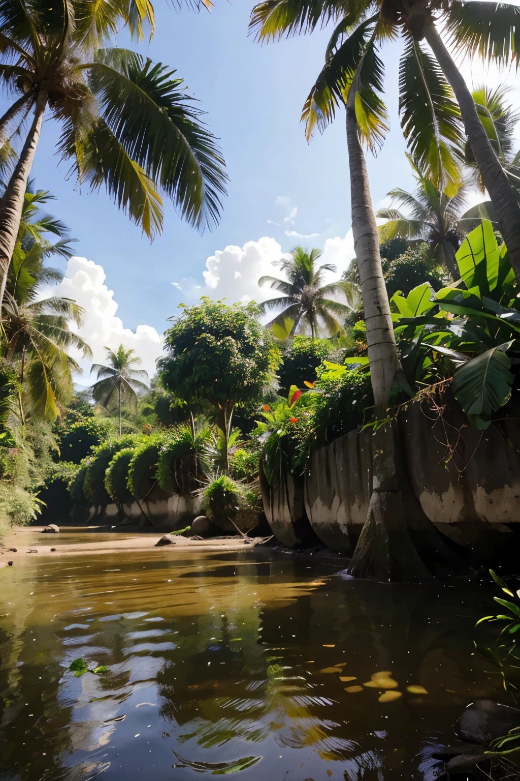 Buat gambar pohon kelapa di dekat sungai jernih