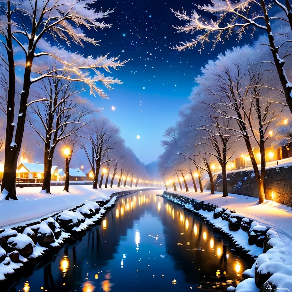 A dreamy landscape with twinkling lights in the trees and a sparkling river