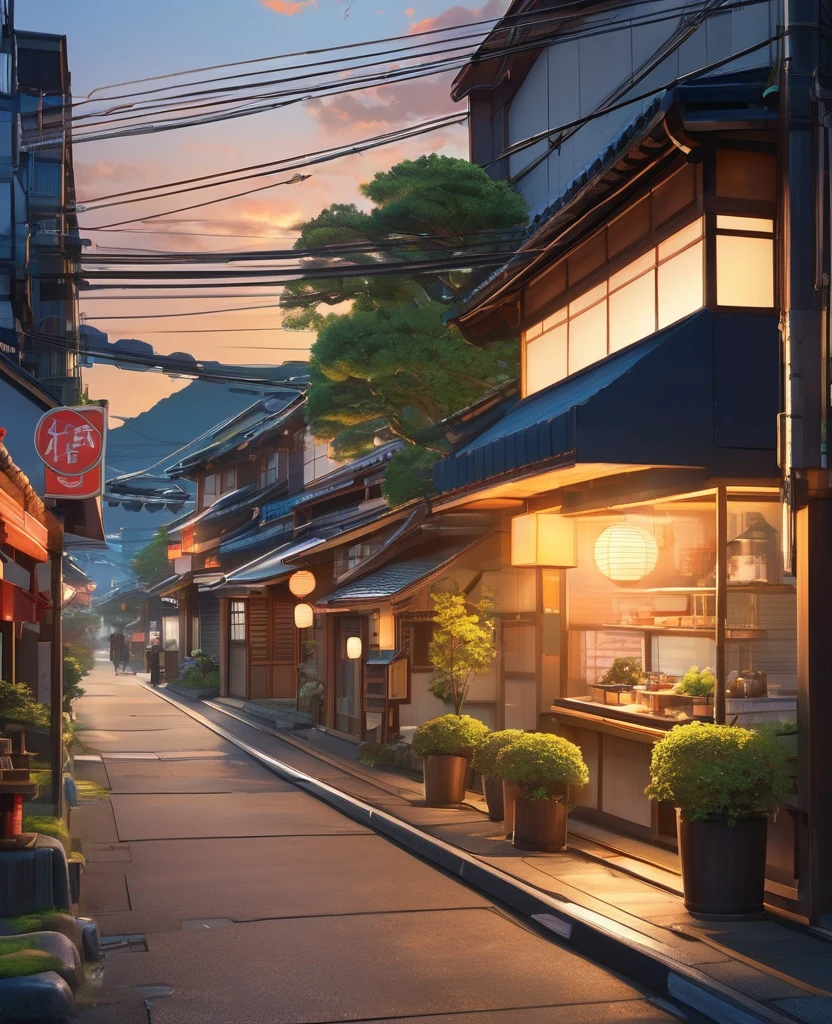 Anime Wallpaper: Ultra-detailed and beautifully crafted, this anime background invites the viewer into a tranquil modern Japanese street. Set during the golden hour, the soft, warm glow of the sunrise casts a golden lighting over the serene, empty street. The sleek, modern Japanese architecture stands tall, and a retro Japanese store with large, bold shop signs occupies one corner. Delicate trees with their foliage illuminated by the golden hour, a few potted plants, and rocks scattered around provide an earthy contrast. In the distance, hills rise up, with mountains only partially visible atop them. A lofi-style aesthetic permeates the scene, with emphasis