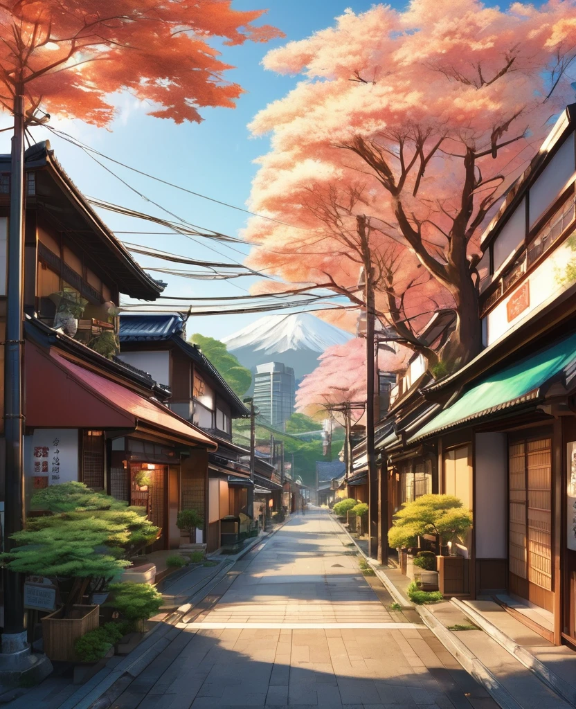 Anime Wallpaper: Ultra-detailed and beautifully crafted, this anime background invites the viewer into a tranquil modern Japanese street. Set during the golden hour, the soft, warm glow of the sunrise casts a golden lighting over the serene, empty street. The sleek, modern Japanese architecture stands tall, and a retro Japanese store with large, bold shop signs occupies one corner. Delicate trees with their foliage illuminated by the golden hour, a few potted plants, and rocks scattered around provide an earthy contrast. In the distance, hills rise up, with mountains only partially visible atop them. A lofi-style aesthetic permeates the scene, with emphasis