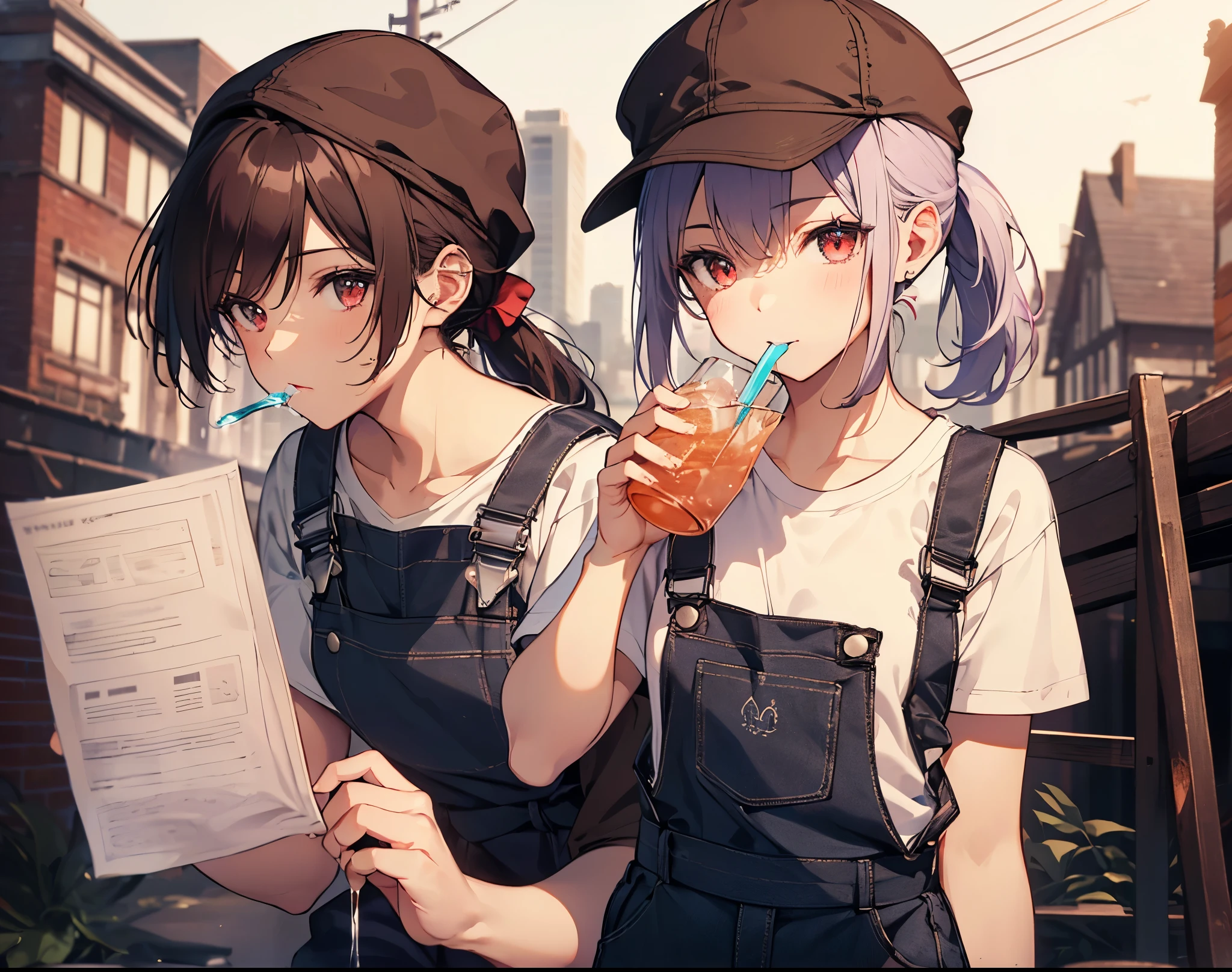 (Close-up:1.3),Realistic,Highest quality, Super detailed, High-quality CG rendering, The most delicate and beautiful, Floating softly, High resolution, (1 girl), (Highest quality,4K,8K,masterpiece:1.2), Light purple hair,(ponytail:1.5),Red eyes,(Brown overalls:1.3),(Pure white T-shirt:1.3),(Brown hunting hat:1.3),In the city,old buildings,(Upper Body:1.3),(Drinking a drink:1.3)