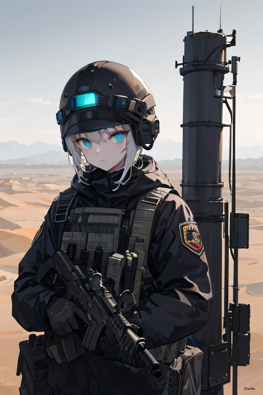 ((best quality)), ((masterpiece)), (detailed), ((best quality)), ((masterpiece)), (detailed),A middle-aged man，Modern equipment，Mobile Task Force Member，fully armed，Black special helmet，Night vision devices，Black mask，Heavy armor，Holding a submachine gun in both hands，Standing on a sentry tower in the desert，Gaze into the distance，Facing the camera sideways，Upper body photo，call of Duty