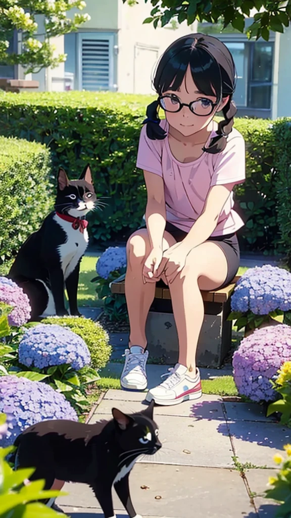 Squats and，8-year-old，Droopy eyes，Baby Face，Round face，Big round eyes，Thick eyebrows，Droopy eyes，Short Pigtails，Blunt bangs，Black Hair，Glasses，Brown eyes，Residential Park，positive，Thin thighs，to you，A shy smile，Sunny day in the rainy season，Lots of hydrangeas，sneakers， Flower-like scent, Playing with cats，(panty shot:1),(Childish Temptation:1)