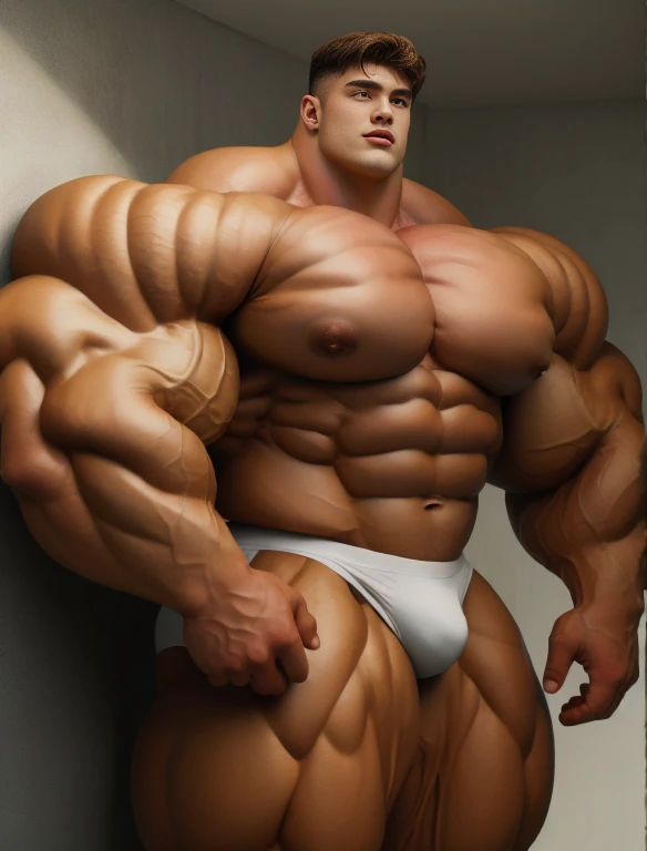 1 men, giant, bodybuilder pose, illuminating light, strong body, bulk, large size, staring, stand on the wall, nude, white triangular underwear, prominent bulge, big, brutalmass, giant, muscular body, bulk, buff, massive body, large meaty body size