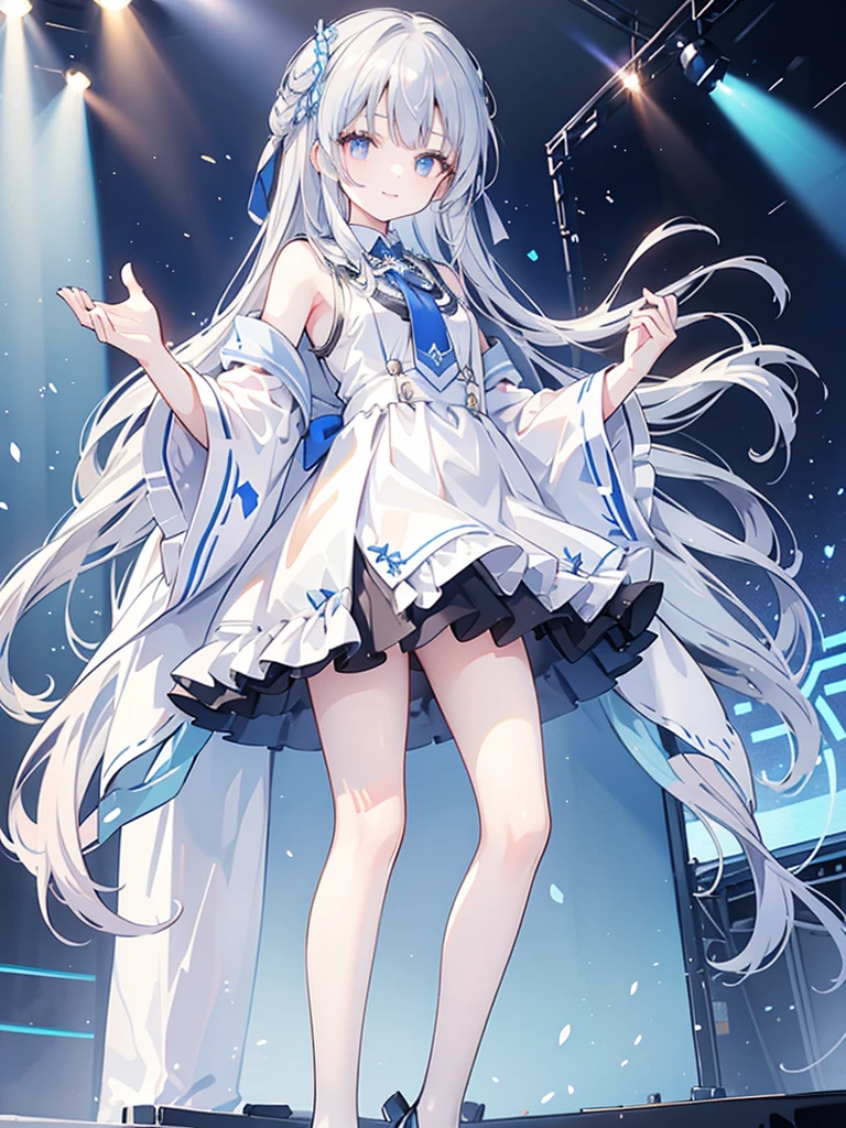 Alisa mikhailovna kujou, 1girl, Long silver hair, blue pupils, Wearing blue and black idol clothes, Standing on the stage, smiling gracefully 