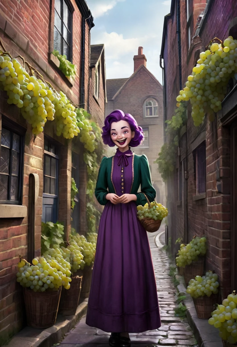 an old street in England, a grape street, a girl with a sinister smile and grapes, people around, all this should be in the style of an album cover, and the text on the Grape Line picture