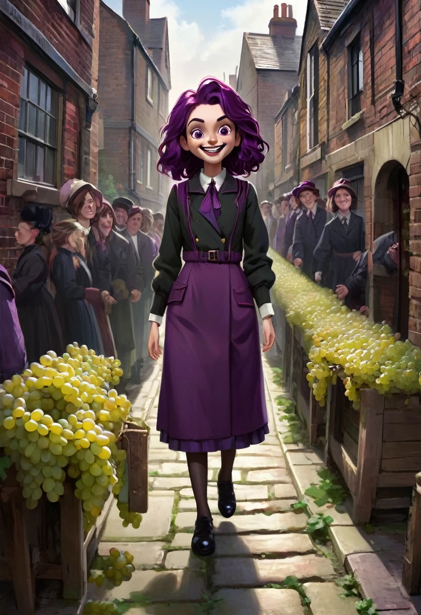 an old street in England, a grape street, a girl with a sinister smile and grapes, people around, all this should be in the style of an album cover, and the text on the Grape Line picture