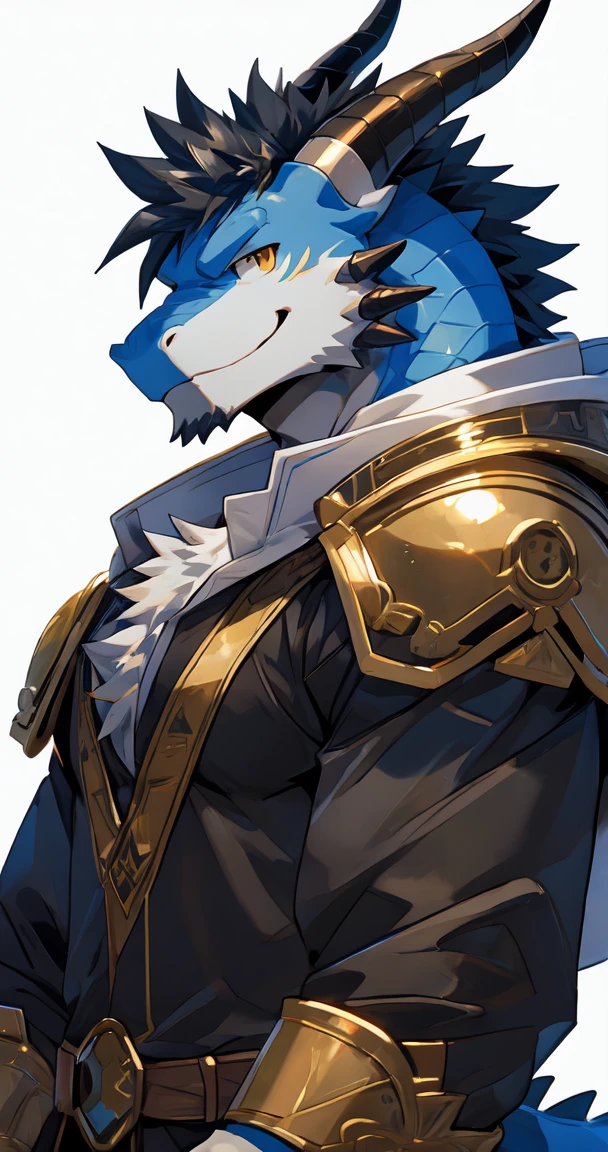 (by sollyz),dragon,white with black body,scale,detail face, detail eyes, detail,male, short hair,(armor:1),__b2__,
,handsome,simple background,smile,
strong,epic,