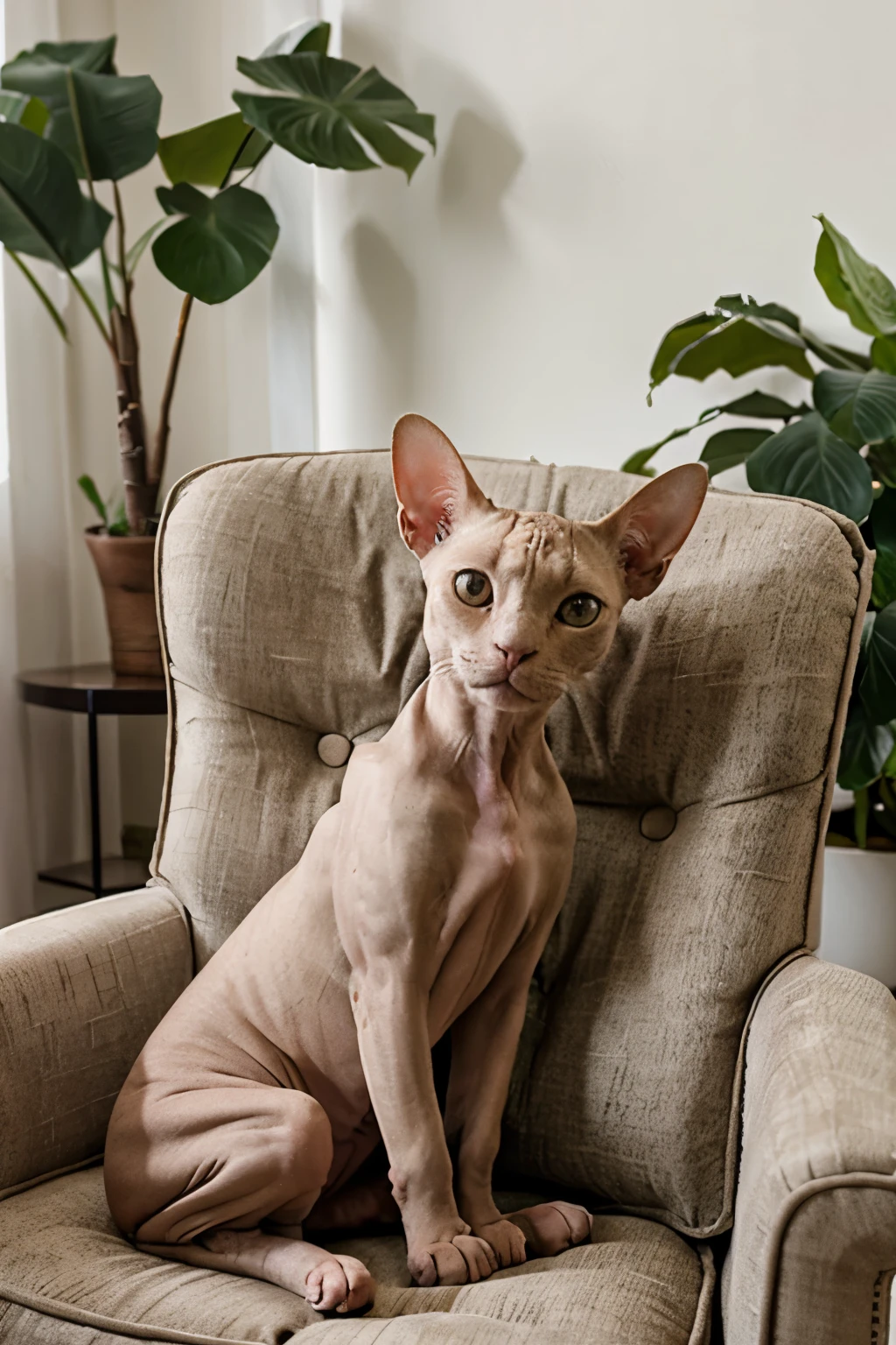 Sphynx cat lying on an armchair like a human.