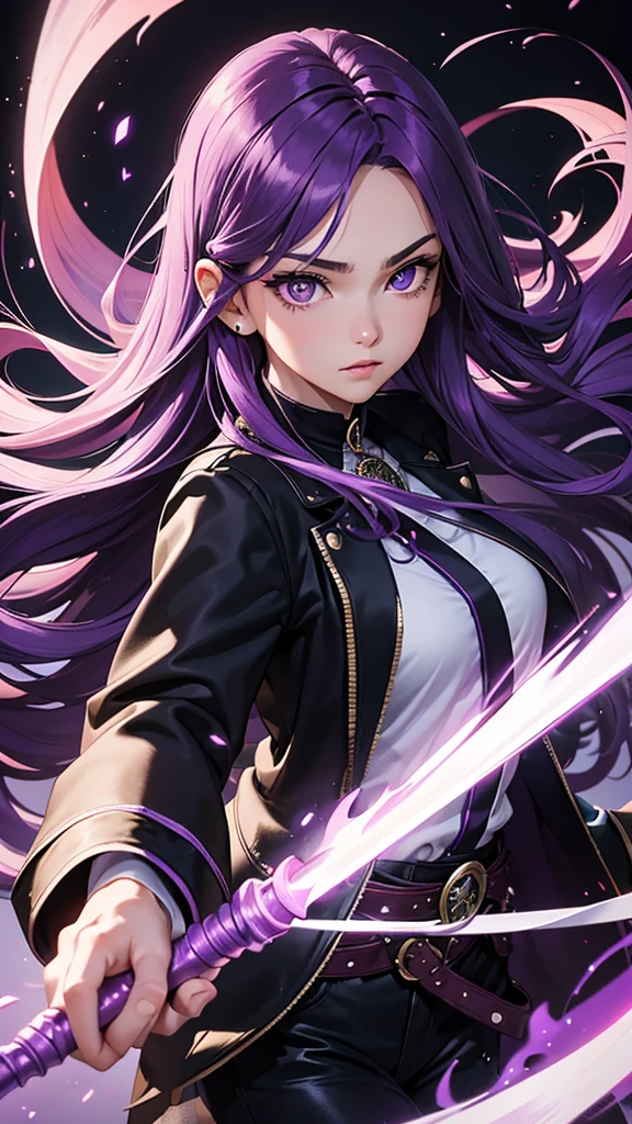 (masterpiece), best quality, expressive eyes, perfect face, purple hair, 1girl, long hair, sidelocks, purple eyes, black jacket, white shirt, hair ornament, holding a wizard staff, shooting fireball magic, magic circle, epic pose, dynamic pose, 