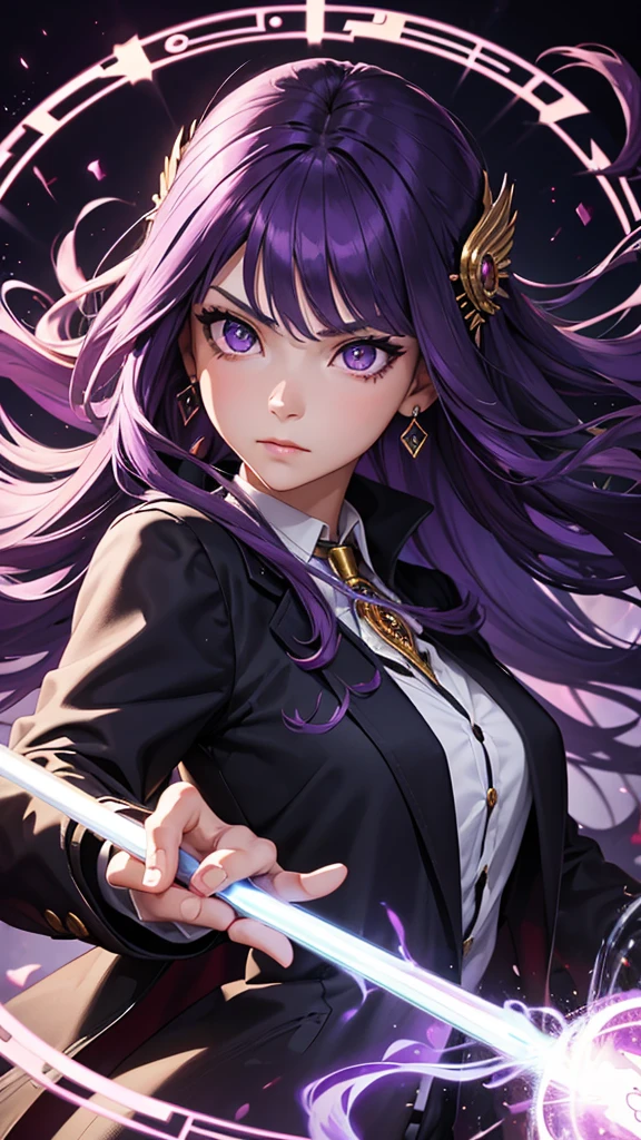 (masterpiece), best quality, expressive eyes, perfect face, purple hair, 1girl, long hair, sidelocks, purple eyes, black jacket, white shirt, hair ornament, holding a wizard staff, shooting fireball magic, magic circle, epic pose, dynamic pose,
