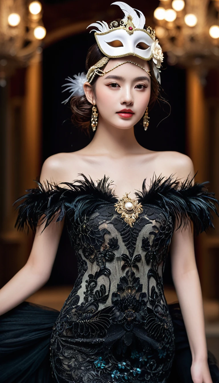 ((night)), Midnight black glamorous evening dress, Intricate lace pattern decorated with masquerade masks and feathers. This dress features an off-the-shoulder design and a mermaid silhouette. Tiny, Luminous mask embedded in lace, Add mystery, Charming touch. Feather headdress with miniature mask ornament,Add the finishing touch to the overall look. Glamorous, Very detailed, complicated设计, Whimsical light, complicated, Reality, masterpiece, high quality, Ultra Detailed, 8K, Volumetric Lighting, Dramatic shadows, 裙子上有complicated褶皱, Luxurious fabrics, Radiant Skin, captivatingexpression, detailed jewellery, Dramatic pose, Elegant hairstyle, Color, High-end fashion photography