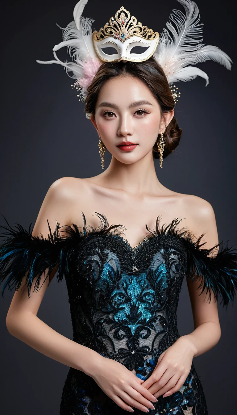 ((night)), Midnight black glamorous evening dress, Intricate lace pattern decorated with masquerade masks and feathers. This dress features an off-the-shoulder design and a mermaid silhouette. Tiny, Luminous mask embedded in lace, Add mystery, Charming touch. Feather headdress with miniature mask ornament，Add the finishing touch to the overall look. Glamorous, Very detailed, complicated设计, Whimsical light, complicated, Reality, masterpiece, high quality, Ultra Detailed, 8K, Volumetric Lighting, Dramatic shadows, 裙子上有complicated褶皱, Luxurious fabrics, Radiant Skin, captivatingexpression, detailed jewellery, Dramatic pose, Elegant hairstyle, Color, High-end fashion photography