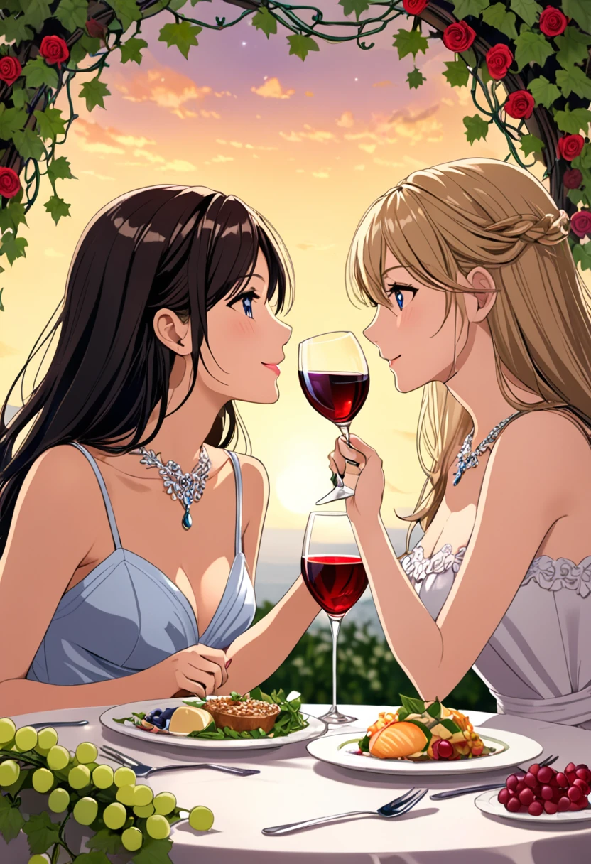 two woman romantic dinner vine glass