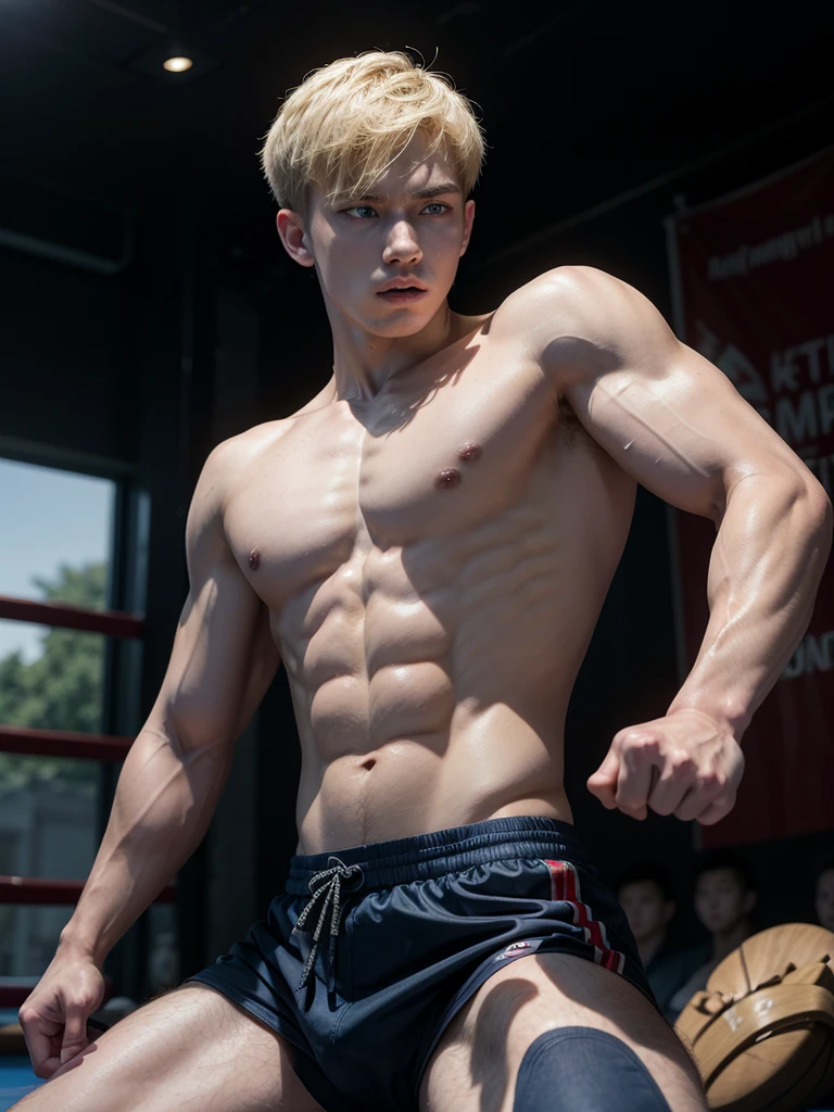 Ken is a young martial arts fighter, handsome, attractive, slender, muscular torso, short light blonde low-cut hair, blue eyes, wearing a red martial combat costume with black details, against a mat against the blue sky