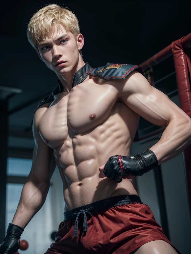 Ken is a young martial arts fighter, handsome, attractive, slender, muscular torso, short light blonde low-cut hair, blue eyes, wearing a red martial combat costume with black details, against a mat against the blue sky