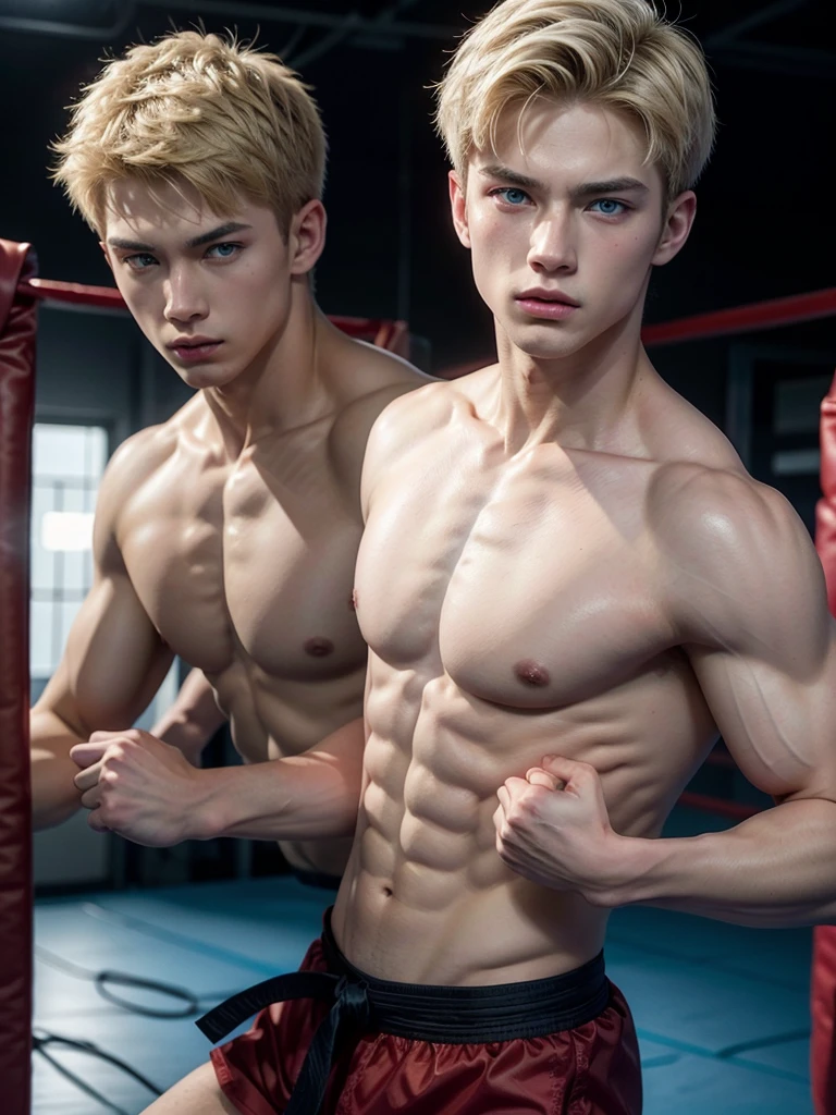 Ken is a young martial arts fighter, handsome, attractive, slender, muscular torso, short light blonde low-cut hair, blue eyes, wearing a red martial combat costume with black details, against a mat against the blue sky