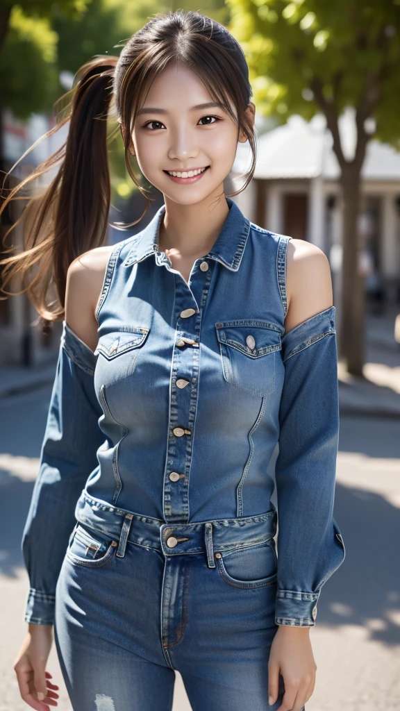 masterpiece, Highest quality:1.1), (8K, RAW Photos, Photo Real:1.2, f22), (Shiny skin), Detailed skin,ponytail,Detailed face, Fine grain,smilee,break, Real World, Intricate details, smile, break, One girl, whole body,(Denim Mi,Niscart)break, (town:1.4)