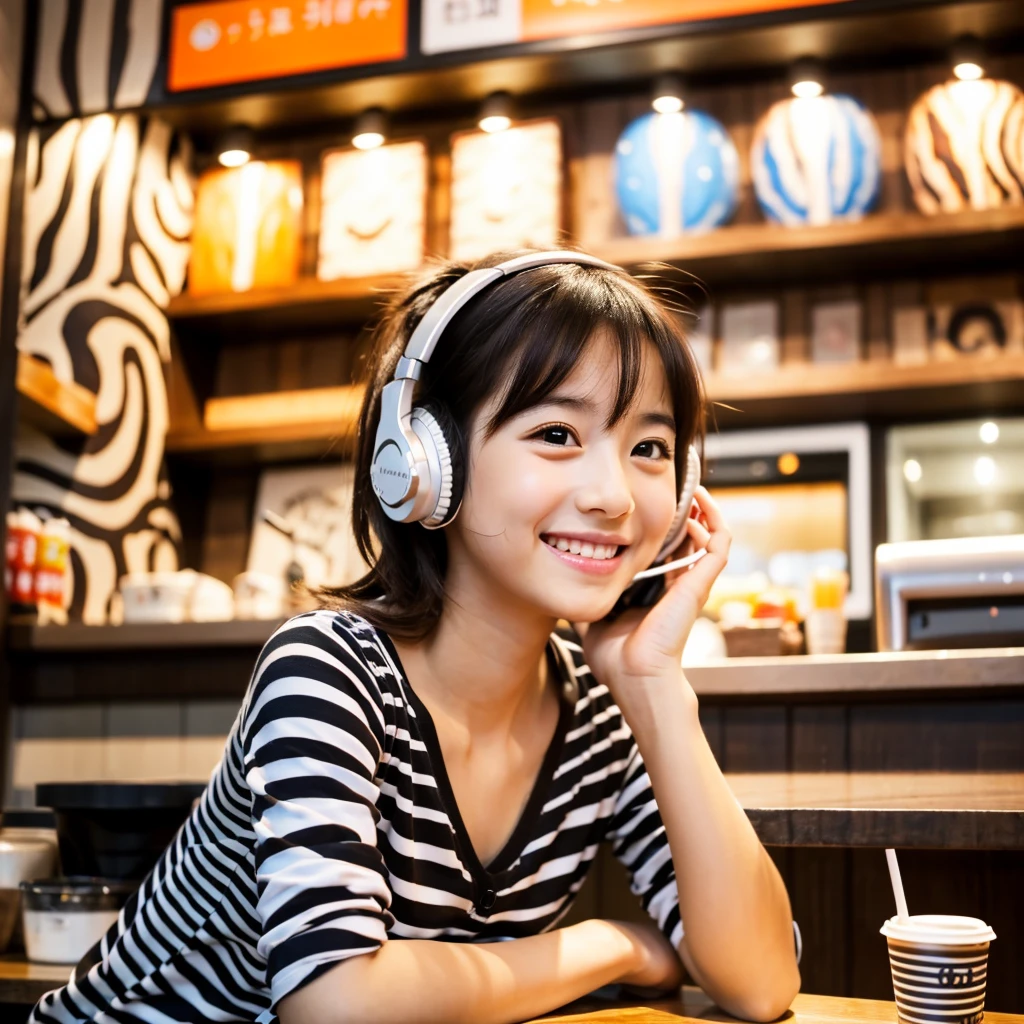  Looking straight ahead and smiling, Ultra HD、128ｋ、Masterpiece、Masterpiece, Cute long face, Cute little kindergarten girl studying in a coffee shop while listening to music on headphones、orange juice, clavicle, RAW Photo、Big-eyed girl in zebra print clothing、Hands on headphones, Warm lighting、Beautiful night view、Japanese anime style, Smile