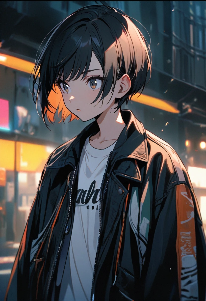 black hair, white shirt, jacket, 1girl, short hair, boyish, stylish, bright