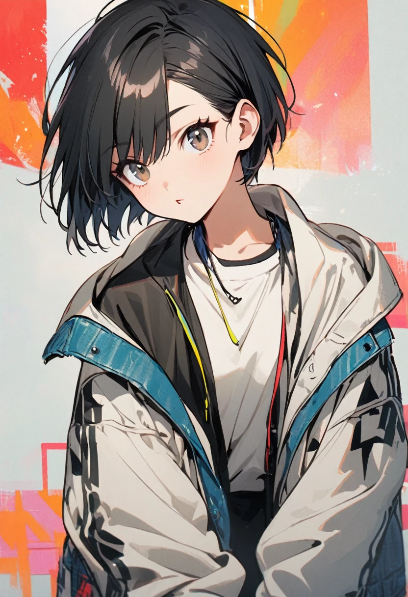 black hair, white shirt, jacket, 1girl, short hair, boyish, stylish, bright