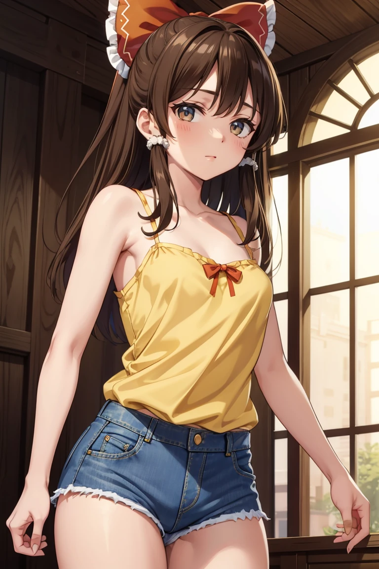 Reimu Hakurei, (Brown eyes:1.5), Brown Hair, bow, hair bow, Hair Tube, Long Hair, red bow, Side Lock,Western-style room, (((Slender body、Yellow Camisole BREAK Denim Shorts)))
BREAK Watch Viewers,blush、Sad-looking face、
Cowboy Shot,Smile Break (masterpiece:1.2), Highest quality, High resolution, unity 8k wallpaper, (figure:0.8), (Beautiful attention to detail), Highly detailed face, Perfect lighting, Highly detailed CG, (Perfect hands, Perfect Anatomy),Dynamic pose,