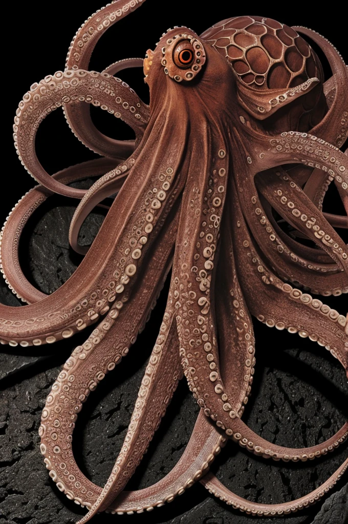 Octopus with a machine gun in one tentacle. The octopus is big and strong. It has one eye smaller than the other and will have a black shoulder on its forehead.