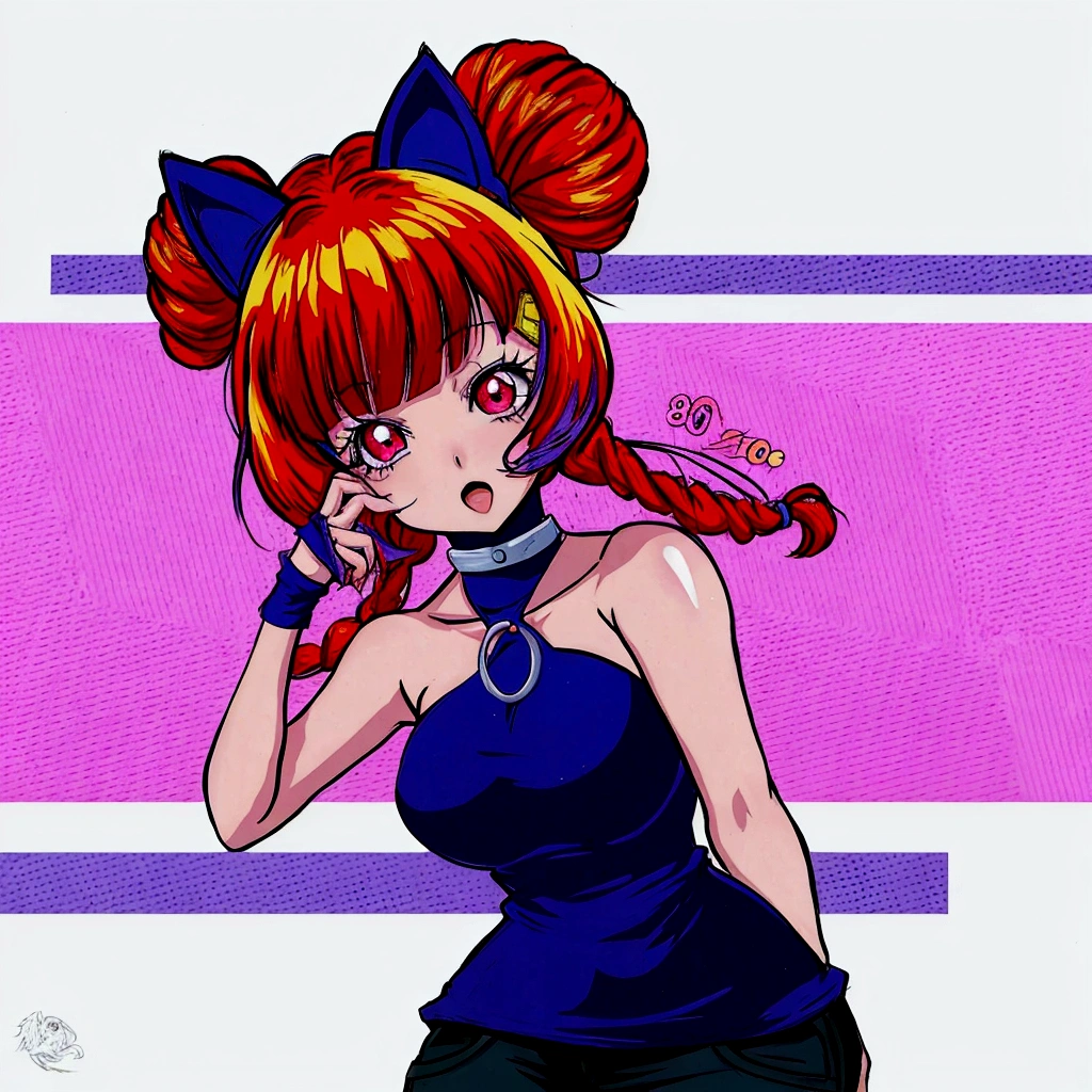 anime girl with red hair and a blue top posing for a picture, in the art style of 8 0 s anime, 8 0 s anime art style, in an anime style, 9 0 s anime art style, 8 0 s anime style, in anime style, anime style character, 9 0 s anime style, 90s anime style, anime art style