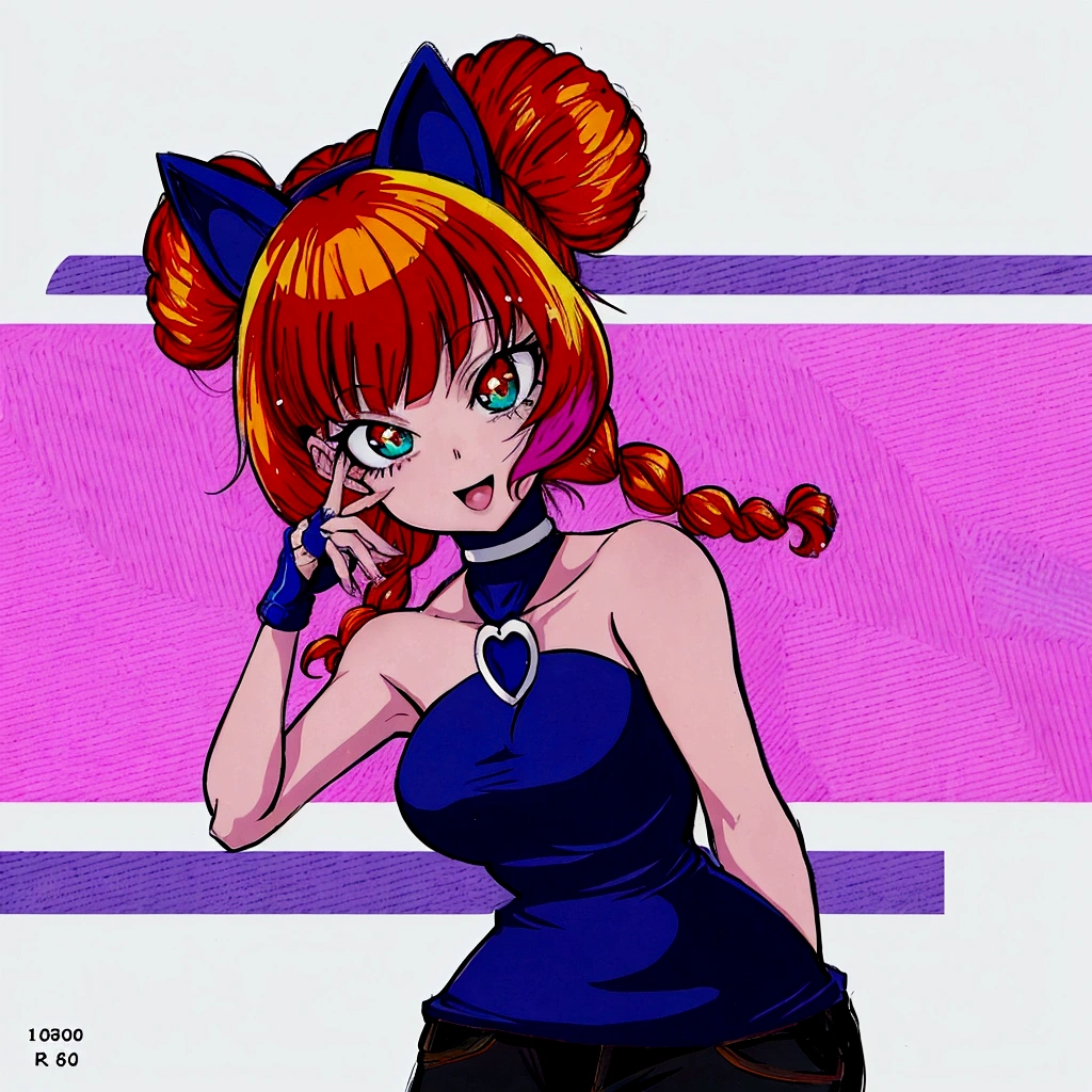 anime girl with red hair and a blue top posing for a picture, in the art style of 8 0 s anime, 8 0 s anime art style, in an anime style, 9 0 s anime art style, 8 0 s anime style, in anime style, anime style character, 9 0 s anime style, 90s anime style, anime art style