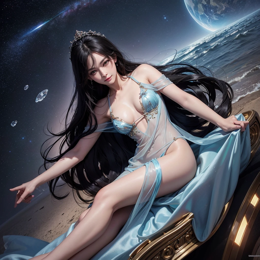 1girll,(enchanced quality:1.4),(Top quality true texture skin), Delicate face,Black hair, Gradient hair, body,(perfect bodies:1.1), There are precious stones on the forehead, rimless eyewears, Sparkling pupils,long eyelasher,grin, hyper photorealism, Cinematic lighting, projected inset, surrealism, hyper HD, Masterpiece, 16k,Lie down,dream on,Wear transparent silk pajamas,Carmelto,Legs slightly open,Tattooed with,Fantasy space,Luxurious space
