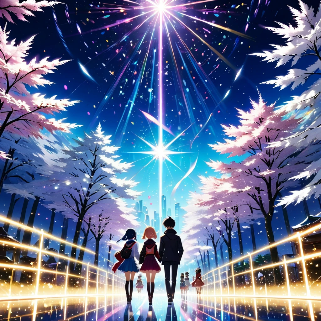 An anime-style scene with characters in a sparkling environment with glittering effects