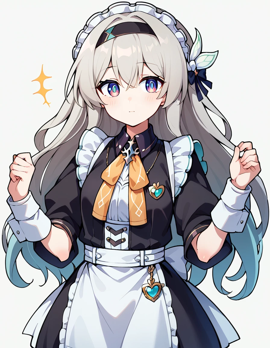 score_9, score_8_up, score_7_up, white background, simple background, BREAK source_anime, BREAK (1girl, solo, solo focus), fireflydef, jacket, dress, grey hair, maid outfit, cute, loli