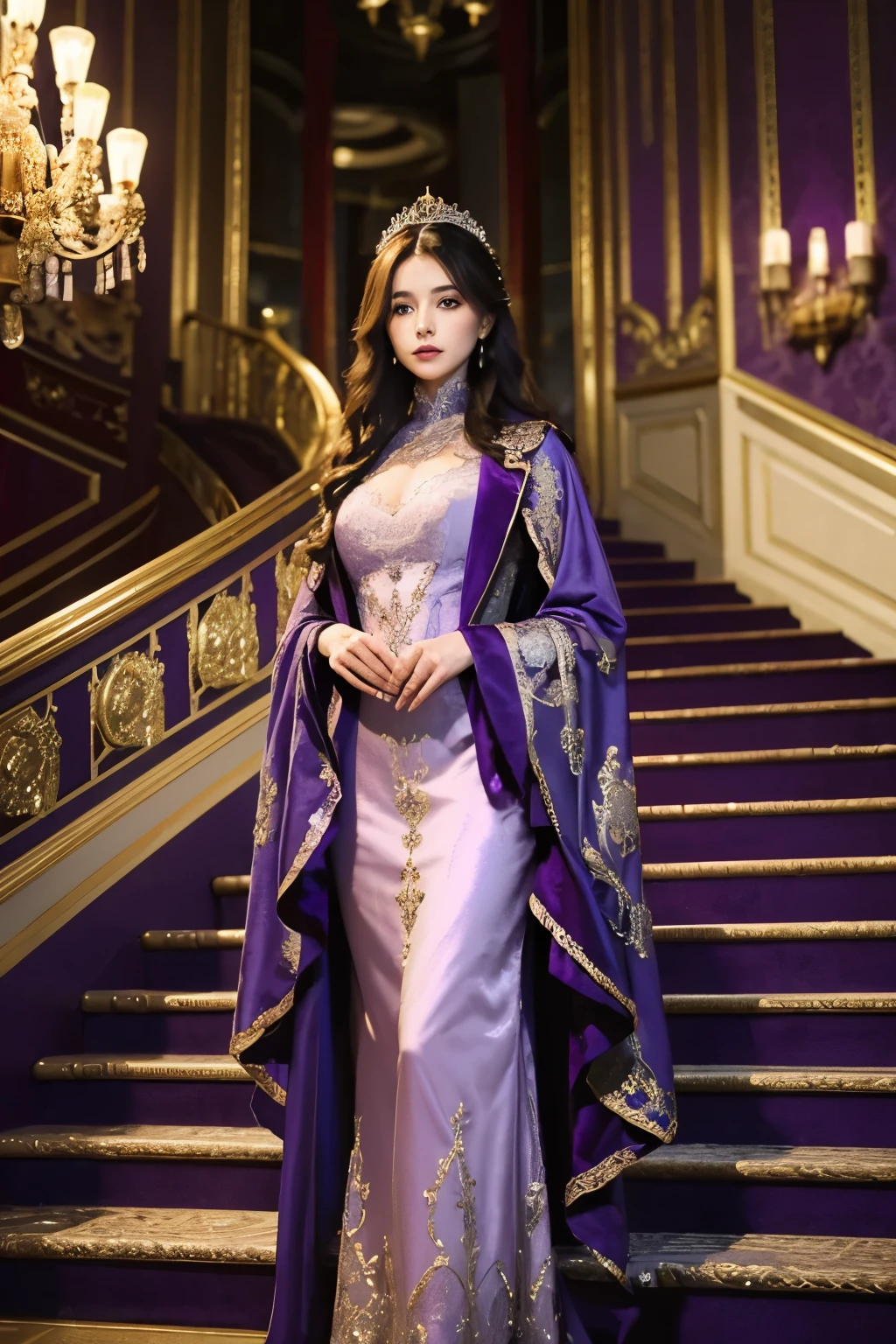 Beautiful woman standing on stairs in purple dress, fantasy long intricate outerwear, long outerwear, wearing an evening outerwear, From the Victorian nobility, wearing long outerwear, long luxurious outerwear, Chassis, wearing a fantasy suit, outerwear, velvet with lace outerwear, royal elegant pose, Elegant Gothic princess, 