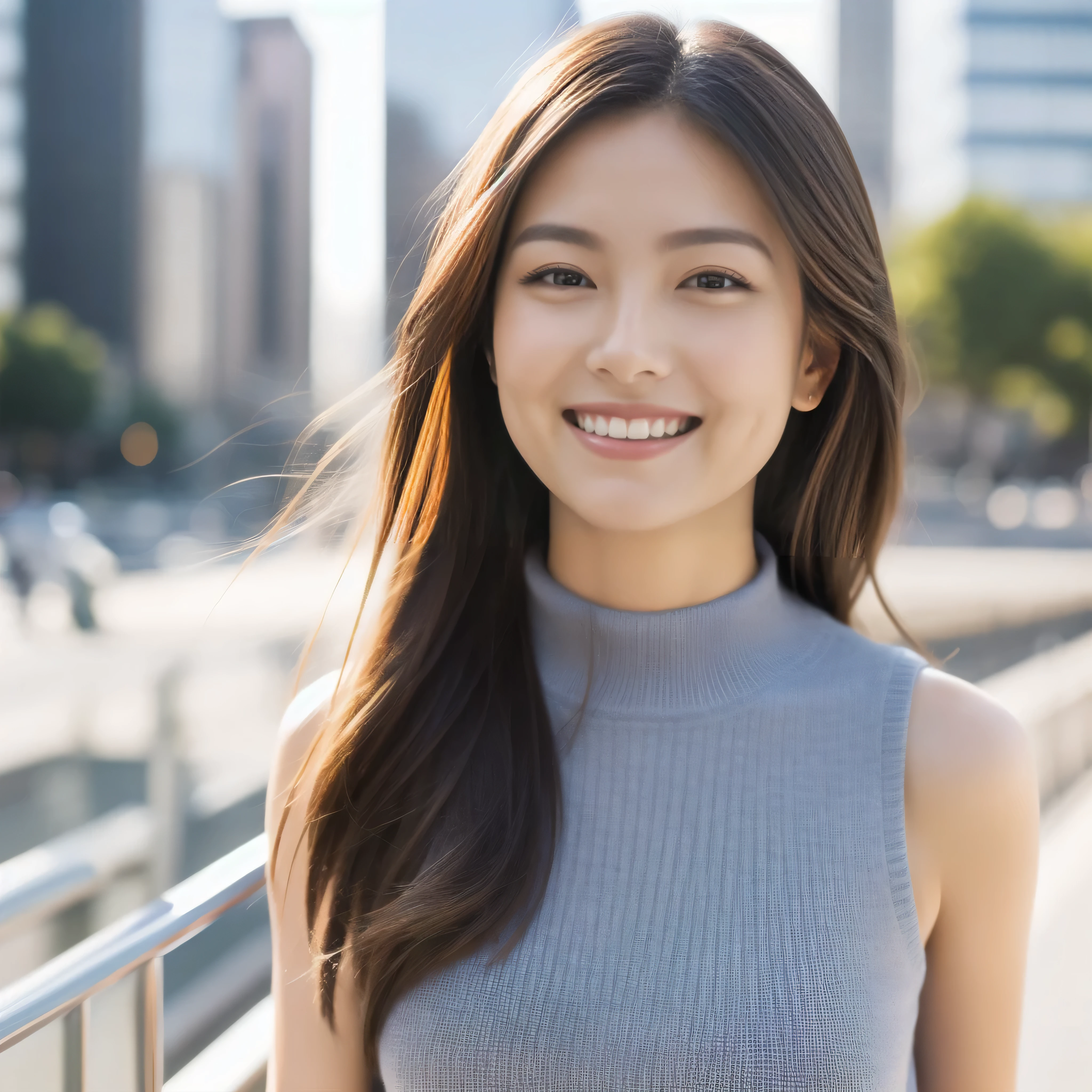 The face of a hostess、British high neck sleeveless knit、High quality、Ultra-realistic、fine、Smiling face、Slim perfect figure、Japanese beauty、 Perfect Eyes、Radiant Skin、Big 、Business city background