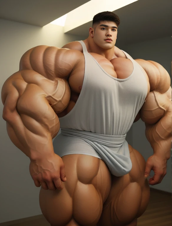1 men, giant, bodybuilder pose, illuminating light, strong body, bulk, large size, staring, stand on the wall, nude, white singlet & underwear, prominent bulge, big, brutalmass, giant, muscular body, bulk, buff, massive body, large meaty body size