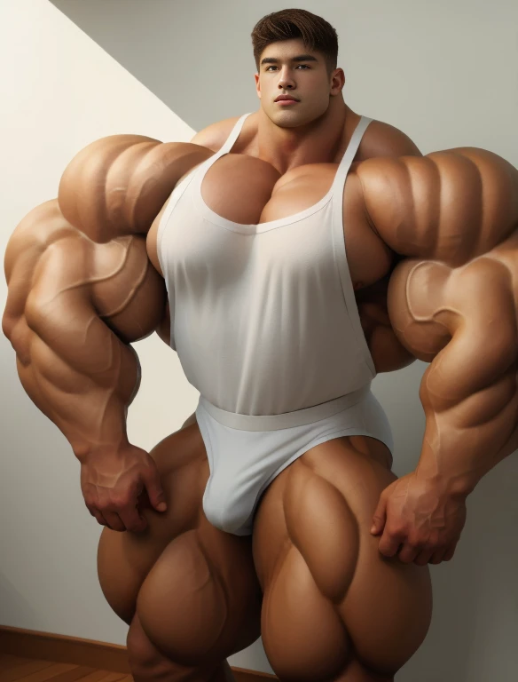 1 men, giant, bodybuilder pose, illuminating light, strong body, bulk, large size, staring, stand on the wall, , white singlet & underwear, prominent bulge, big, brutalmass, giant, muscular body, bulk, buff, massive body, large meaty body size