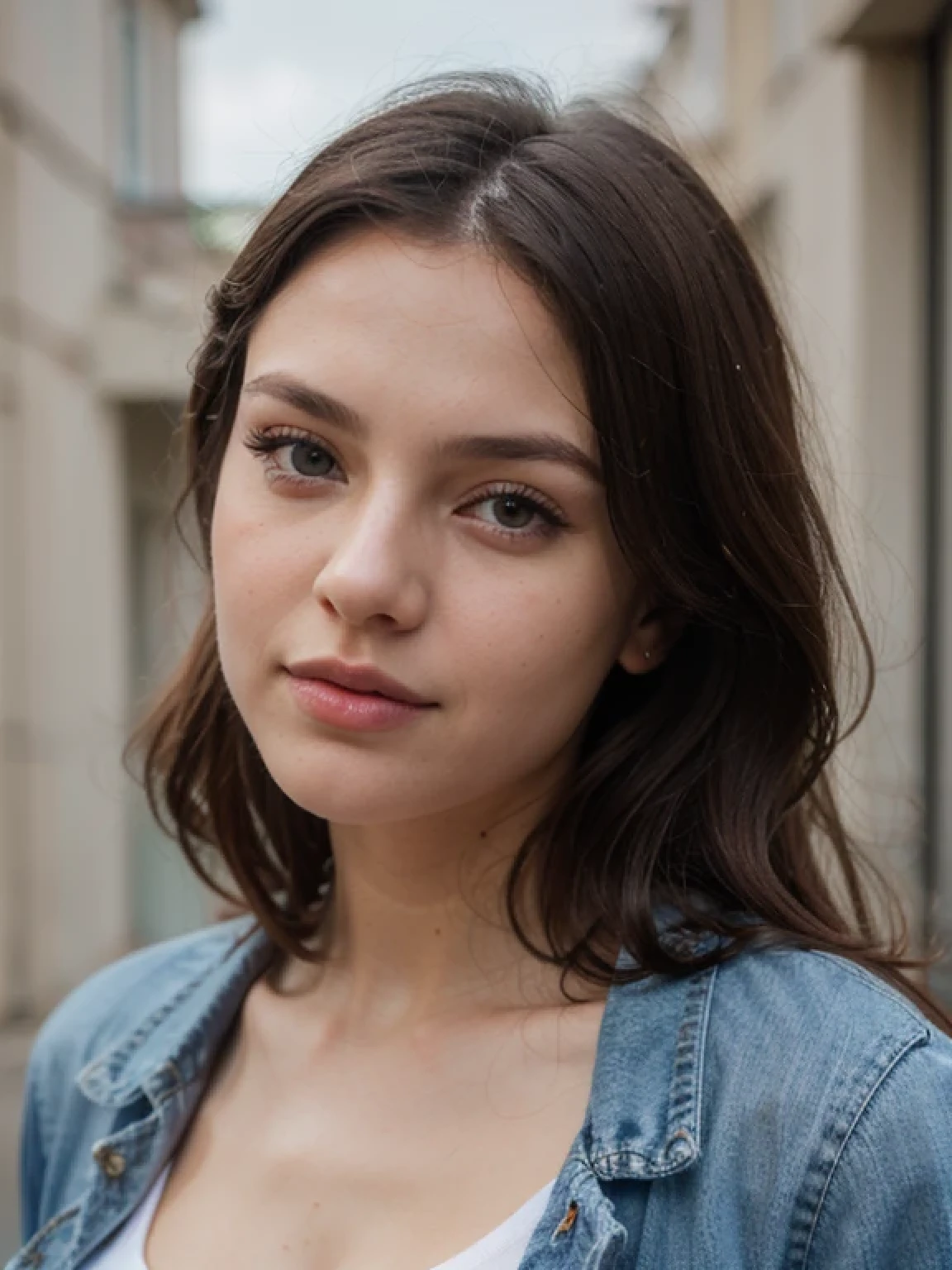 A gorgeous tall Ukrainian girl in denim and tight t-shirts, busty, detailed face, detailed eyes, detailed lips