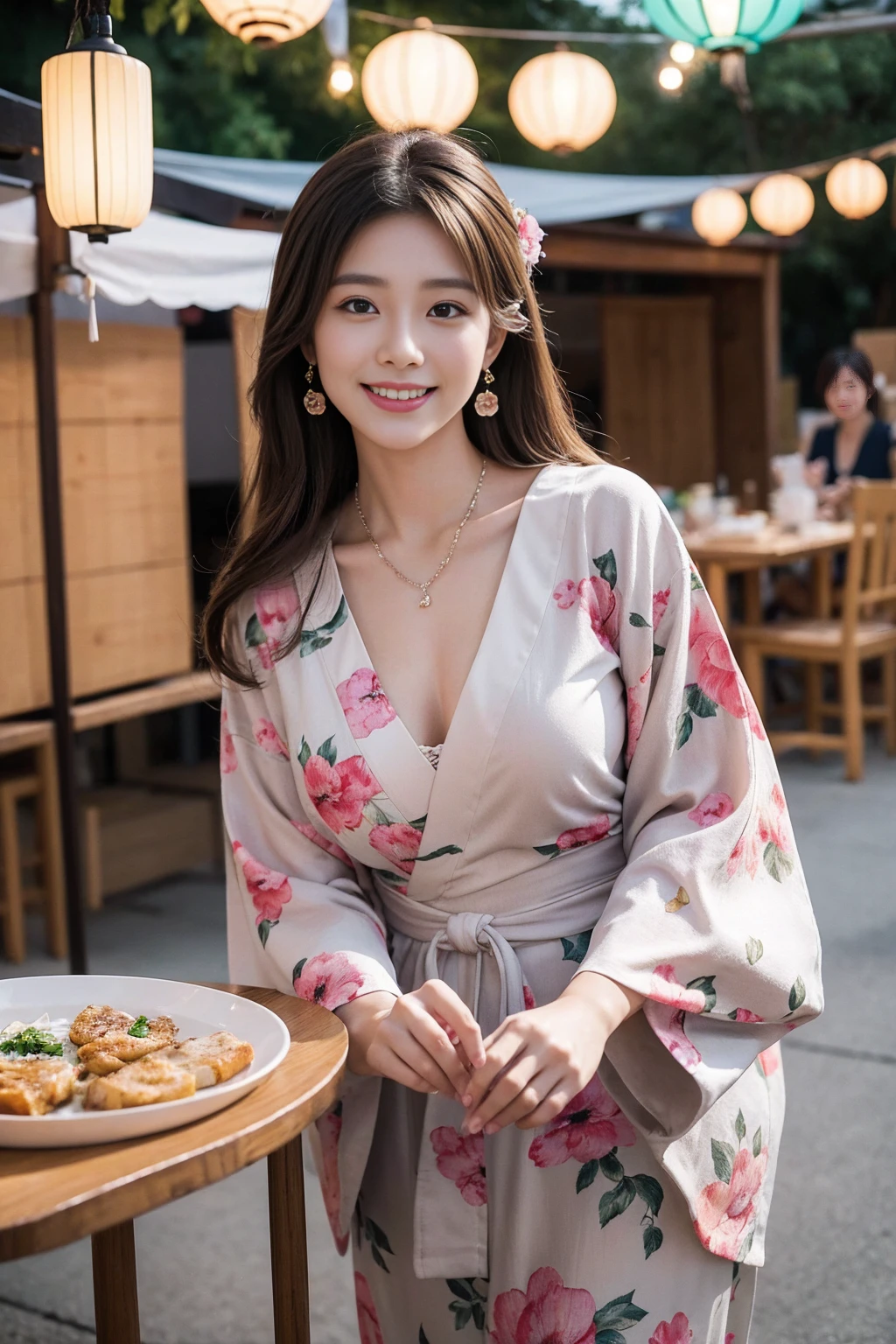 Highest quality,8K, Detailed facial depiction, Detailed description of the eyes,One Woman, Light brown hair(Medium-long hair),Beautiful Japanese Girl,24-years-old,Cute eyes,Cute Smile,Yukata beauty,Black floral yukata,Slender body, Large, plump breast size, Long and beautiful legs,Smiling, Colorful earrings,necklace,Are standing,Beautiful nape,Summer festival,There are food stalls