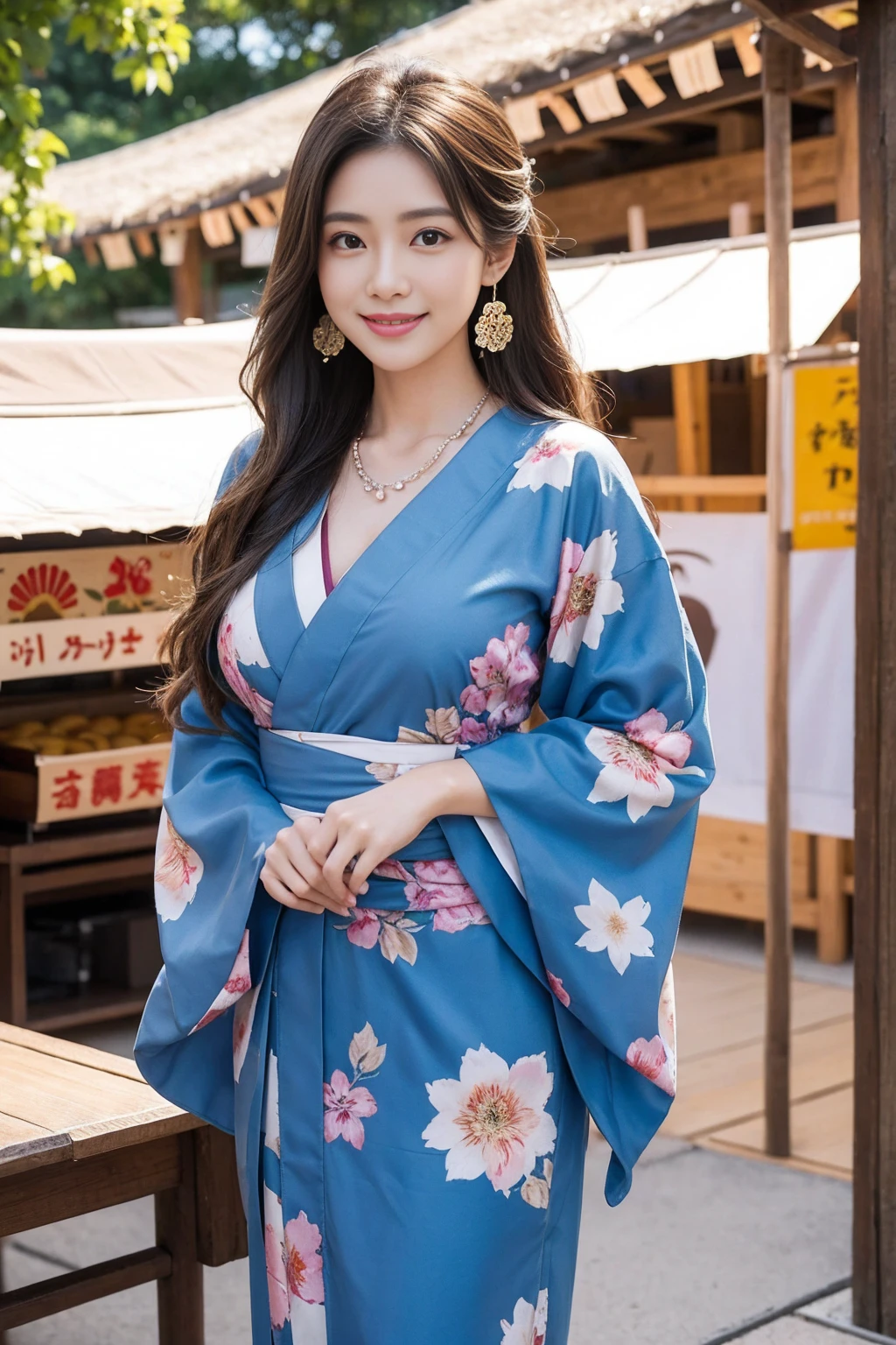 Highest quality,8K, Detailed facial depiction, Detailed description of the eyes,One Woman, Light brown hair(Medium-long hair),Beautiful Japanese Girl,24-years-old,Cute eyes,Cute Smile,Yukata beauty,Black floral yukata,Slender body, Large, plump breast size, Long and beautiful legs,Smiling, Colorful earrings,necklace,Are standing,Beautiful nape,Summer festival,There are food stalls