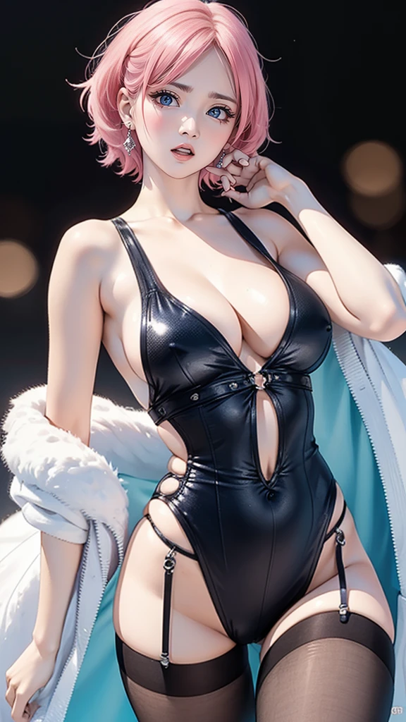 18 year old beautiful girl, incredibly detailed face and body, large breasts, perfect anatomy, beautiful piercing blue eyes, short pink hair, sexy short black one piece dress, masterpiece, (best quality,4k,8k,highres,masterpiece:1.2),ultra-detailed,(realistic,photorealistic,photo-realistic:1.37),studio lighting,extreme detail description,vivid colors,bokeh,portraiture