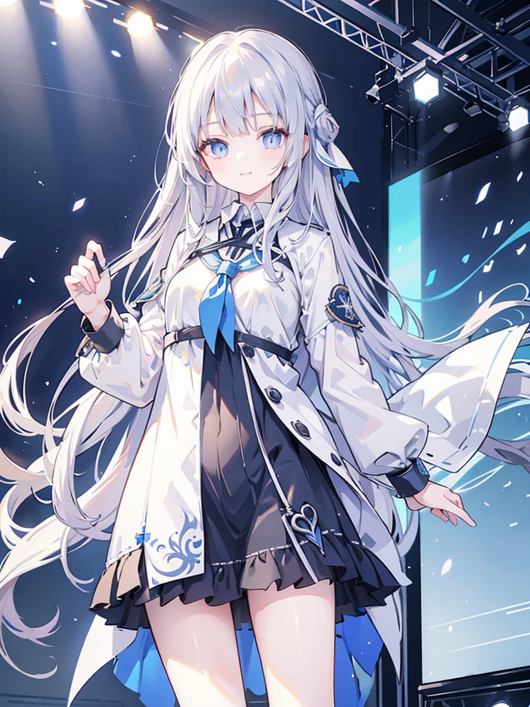 Alisa mikhailovna kujou, 1girl, Long silver hair, blue pupils, Wearing blue and black idol clothes, Standing on the stage, smiling gracefully 