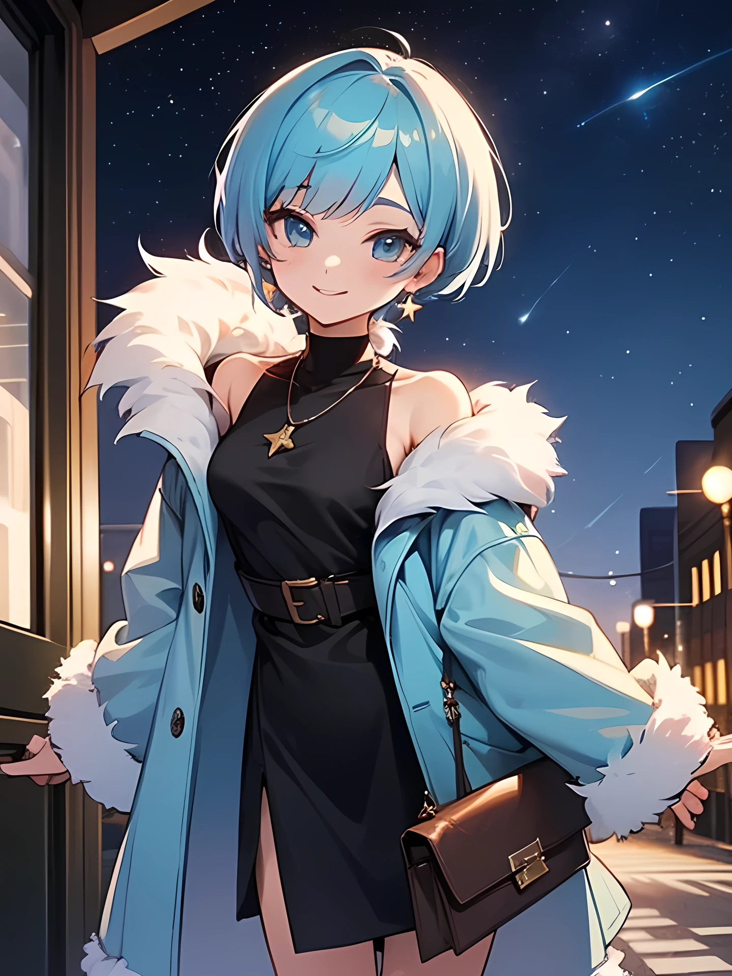 chibi, solo, looking at viewer,pixie cut, pastel blue color hair, under cut, leather dress, luxury wallet, fur coat, offshoulder, president's style, smile,luxury earrings and necklace, starry night, downtown area,