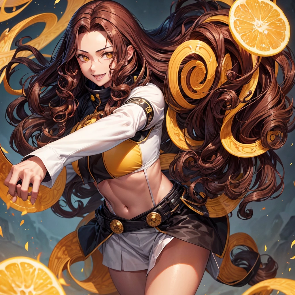 Masterpiece, Best quality, 1lady, ((solo)), tanned skin, ((long wavy curly brown hair)), curly hair, parted bangs, forehead, yellow eyes, confident smile, Jujutsu kaisen uniform, Nobara