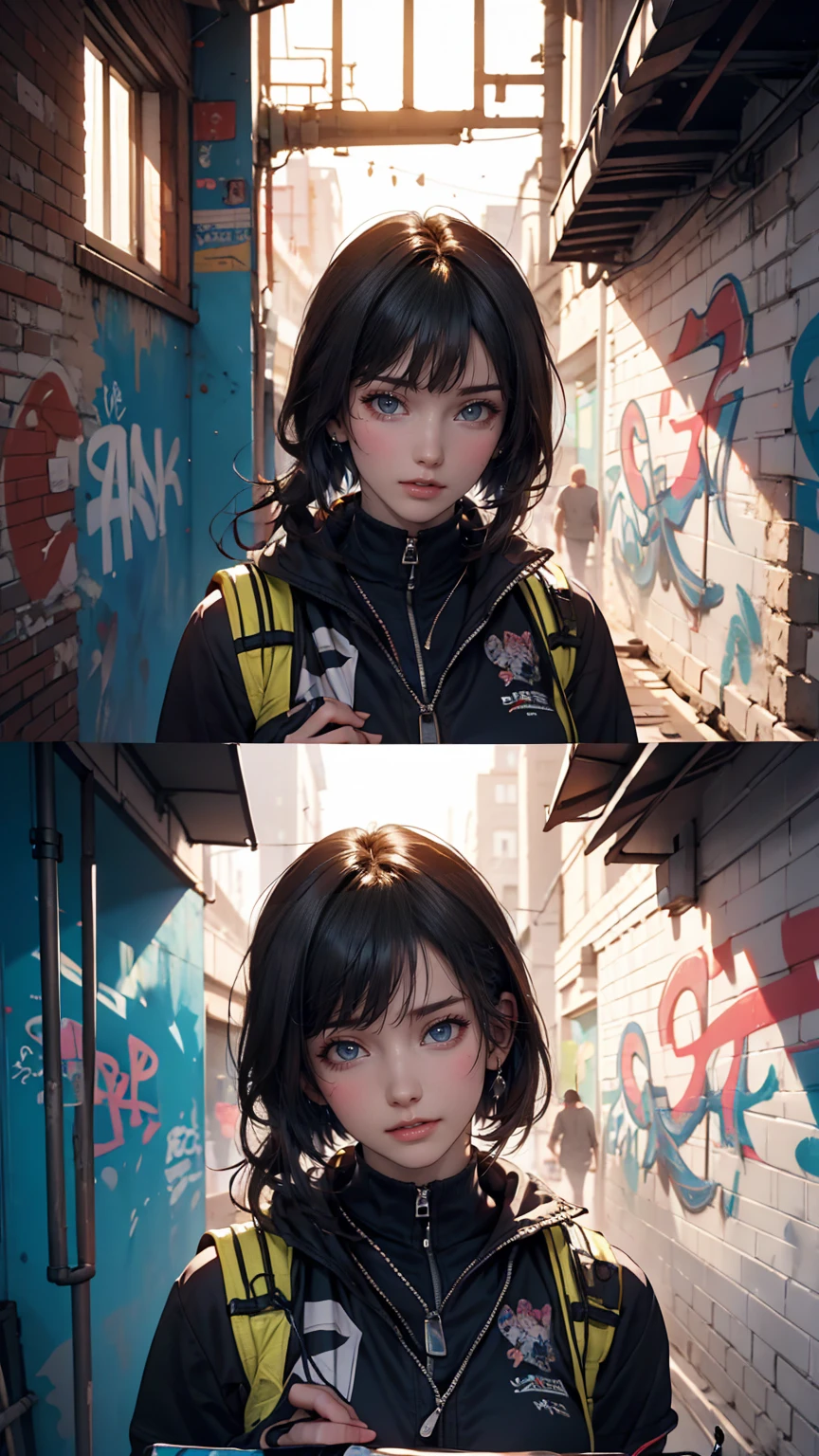 (Highest quality), masterpiece, Highly detailed CG uniform 8K illustrations, High collar, extremely High collar saturation, All the colors have deepened, paint, Graffiti art, Center Configuration, Highly detailed lights and shadows, Graffiti wall, wall painted bright, A girl&#39;s graffiti A girl is staring at the wall, Highly detailed face and eyes, Medium length hair, Sportswear, Coloured Clouds、Sexy proportions、Sexy、Too much exposed skin