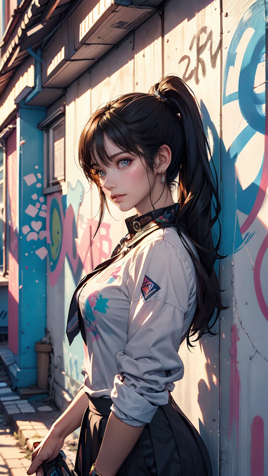 (Highest quality), masterpiece, Highly detailed CG uniform 8K illustrations, High collar, extremely High collar saturation, All the colors have deepened, paint, Graffiti art, Center Configuration, Highly detailed lights and shadows, Graffiti wall, wall painted bright, A girl's graffiti A girl is staring at the wall, Highly detailed face and eyes, Medium length hair, Sportswear, Coloured Clouds、Sexy proportions、Sexy、Too much exposed skin