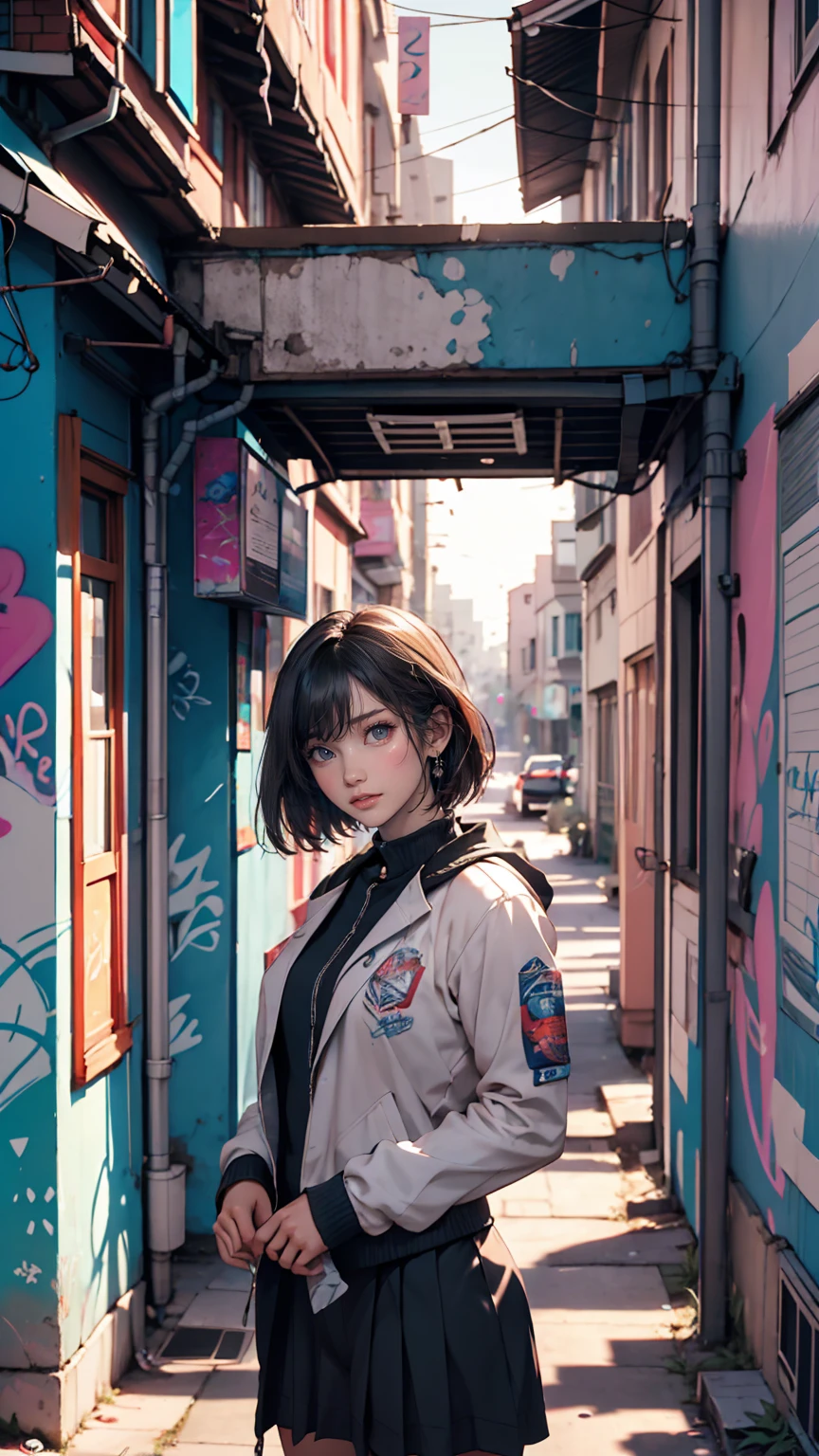 (Highest quality), masterpiece, Highly detailed CG uniform 8K illustrations, High collar, extremely High collar saturation, All the colors have deepened, paint, Graffiti art, Center Configuration, Highly detailed lights and shadows, Graffiti wall, wall painted bright, A girl's graffiti A girl is staring at the wall, Highly detailed face and eyes, Medium length hair, Sportswear, Coloured Clouds、Sexy proportions、Sexy、Too much exposed skin